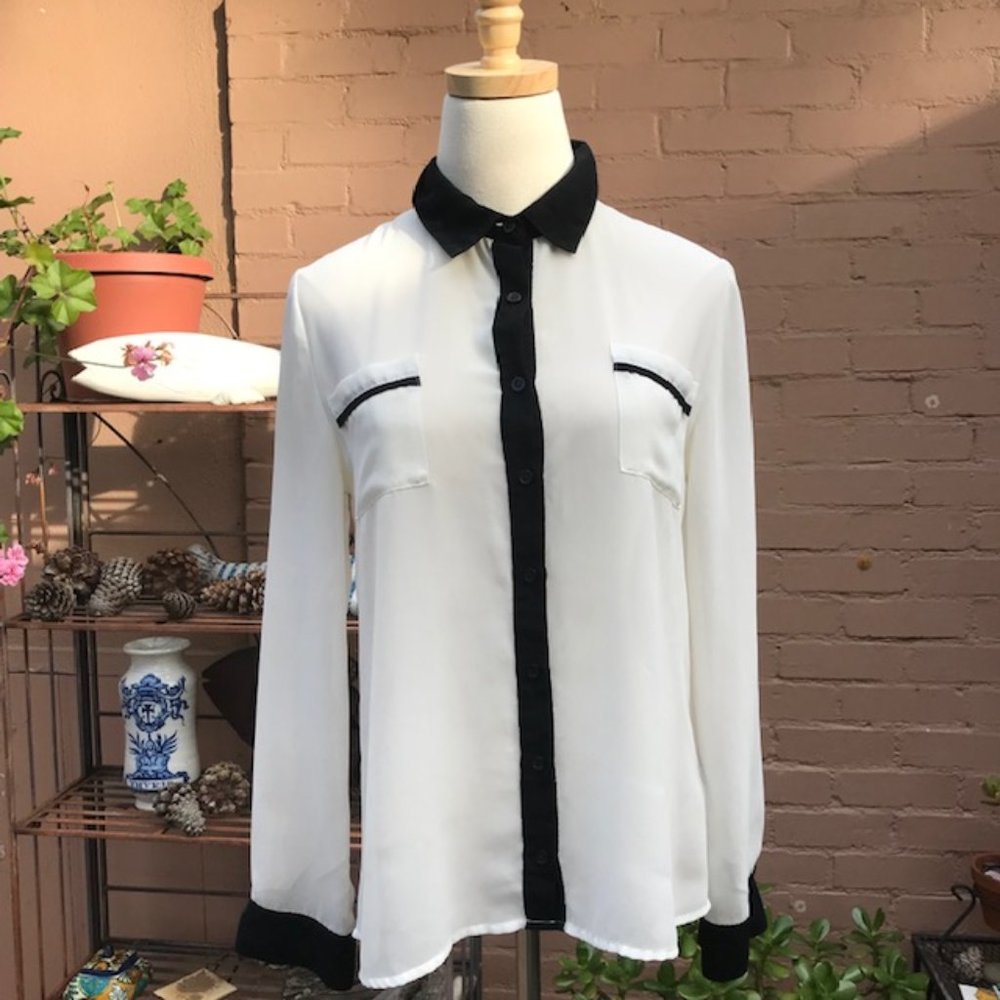 Mine -  Sheer White Blouse with Black Trim  Size Medium